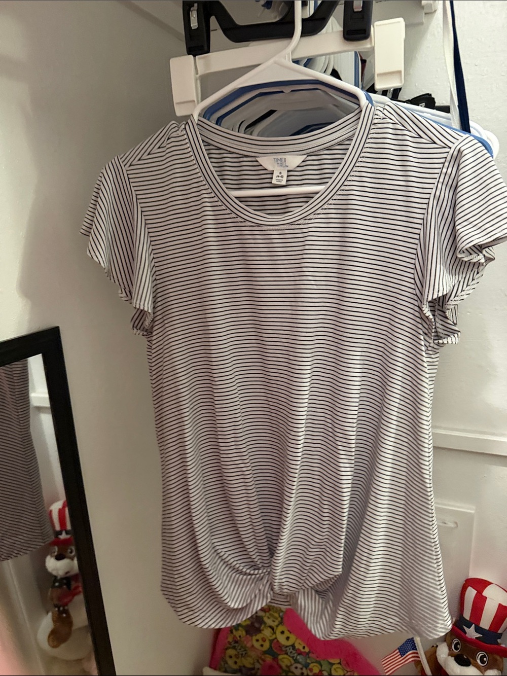 Time and Tru Black and White Striped Knot Front Tee